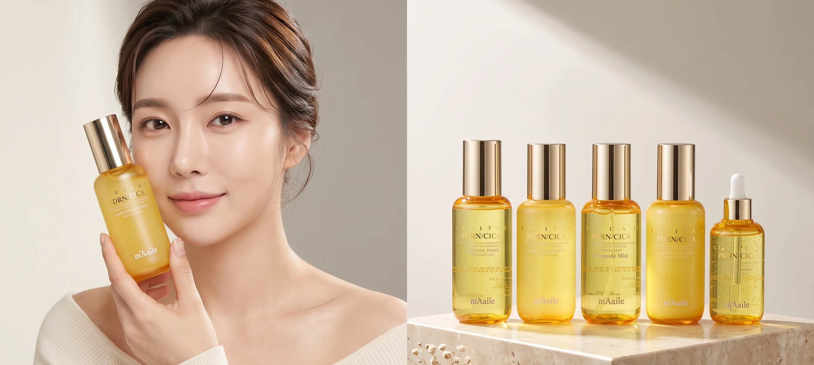 m'Aaile Korean skincare — model with the REVITAL PDRN and CICA ampoule lineup