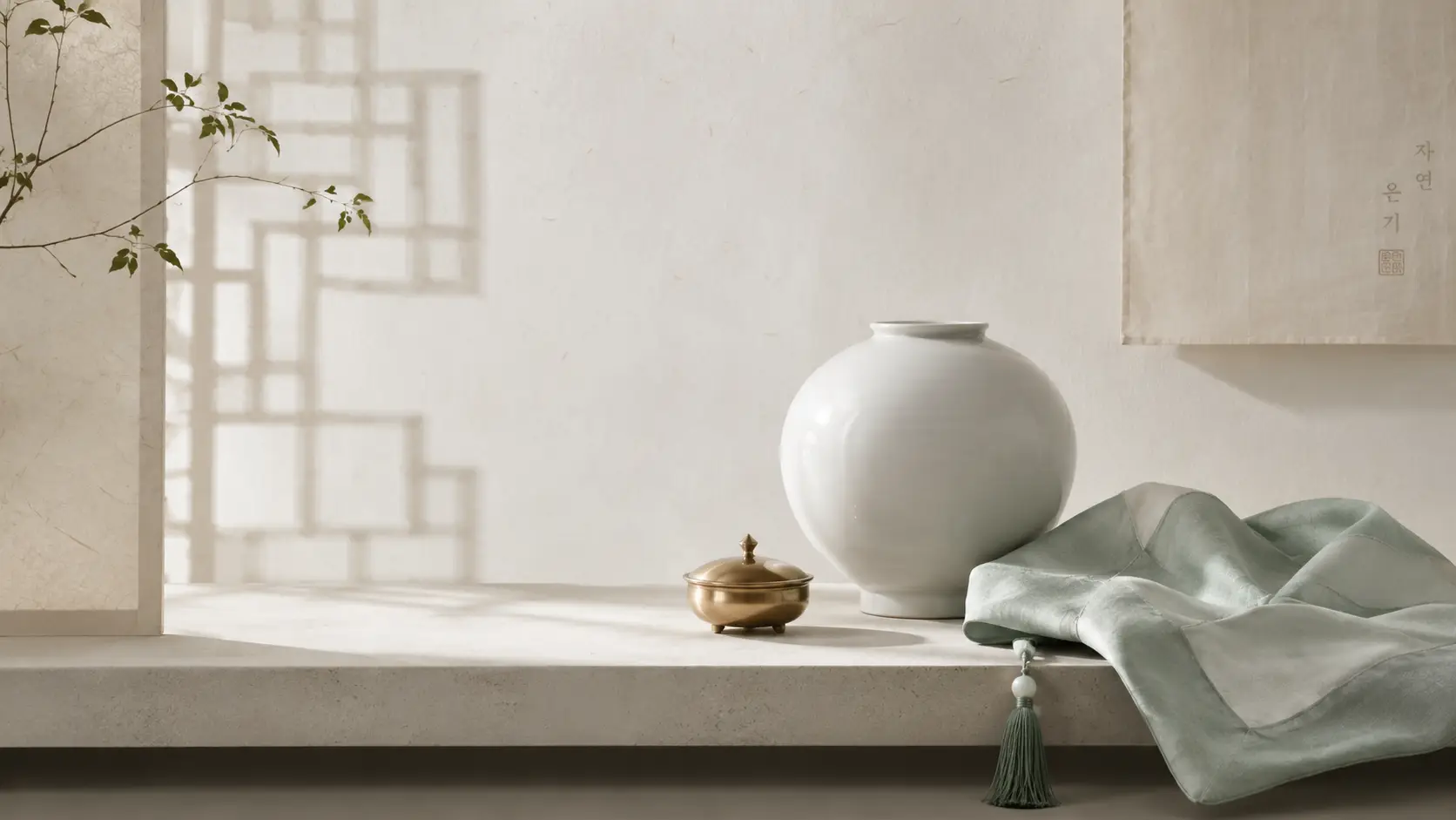 Korean still life — a white moon jar, brass vessel and hanji paper in soft daylight